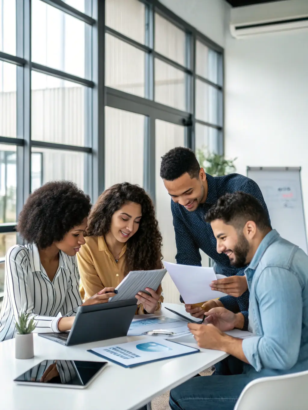 A diverse team of Sunrise Print Works technicians collaborating on a complex printing project in a modern, collaborative workspace.