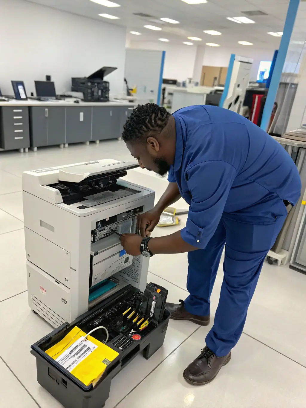 A professional technician operating a high-end commercial printer in a well-lit, modern print shop, showcasing Sunrise Print Works' on-demand printing service.