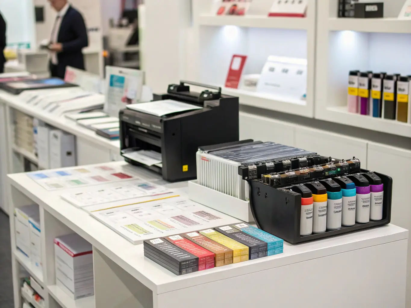 A close-up shot of various ink cartridges and toner bottles, neatly arranged to highlight the range of colors and types available at Sunrise Print Works.