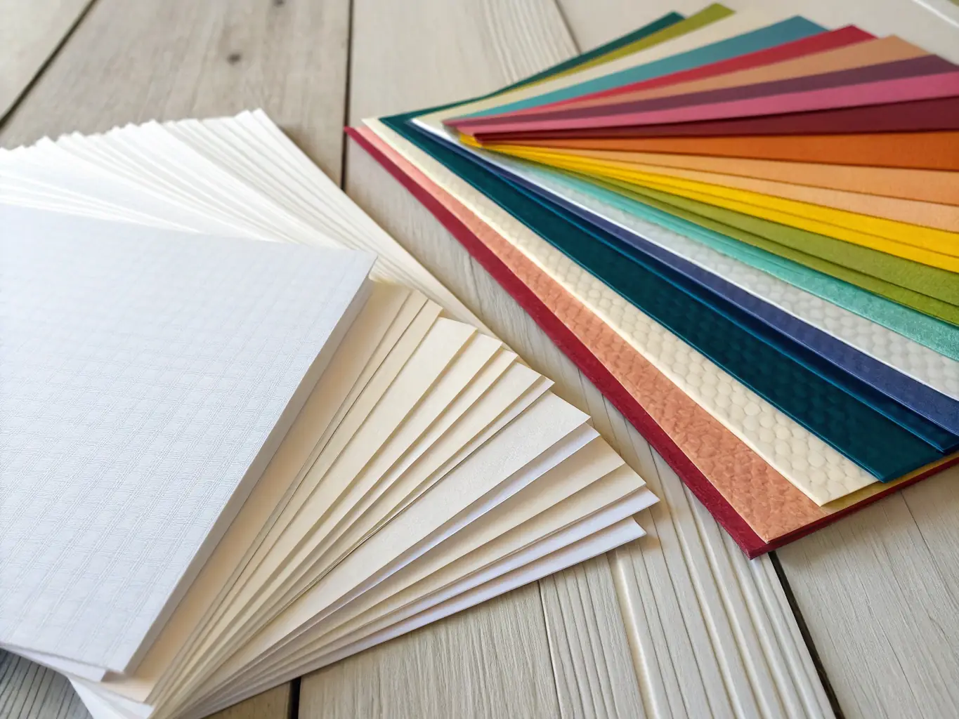 A stack of high-quality printing paper with different finishes and weights, displayed to emphasize the variety available at Sunrise Print Works.