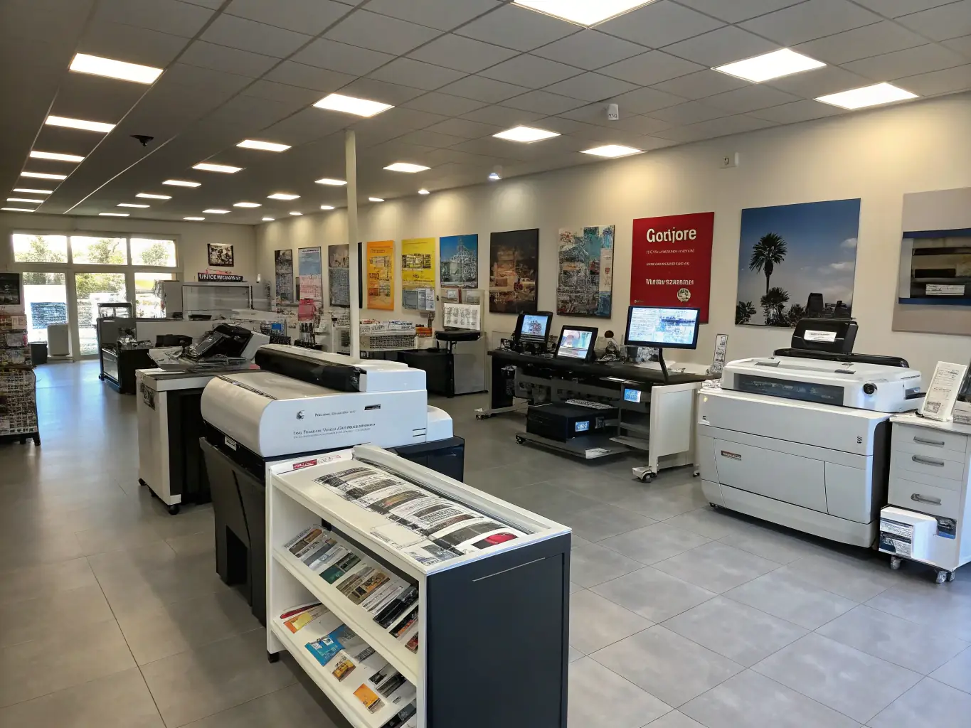 A high-resolution image showcasing a variety of printers available at Sunrise Print Works, including inkjet, laser, and multifunction models, set against a clean, modern background.