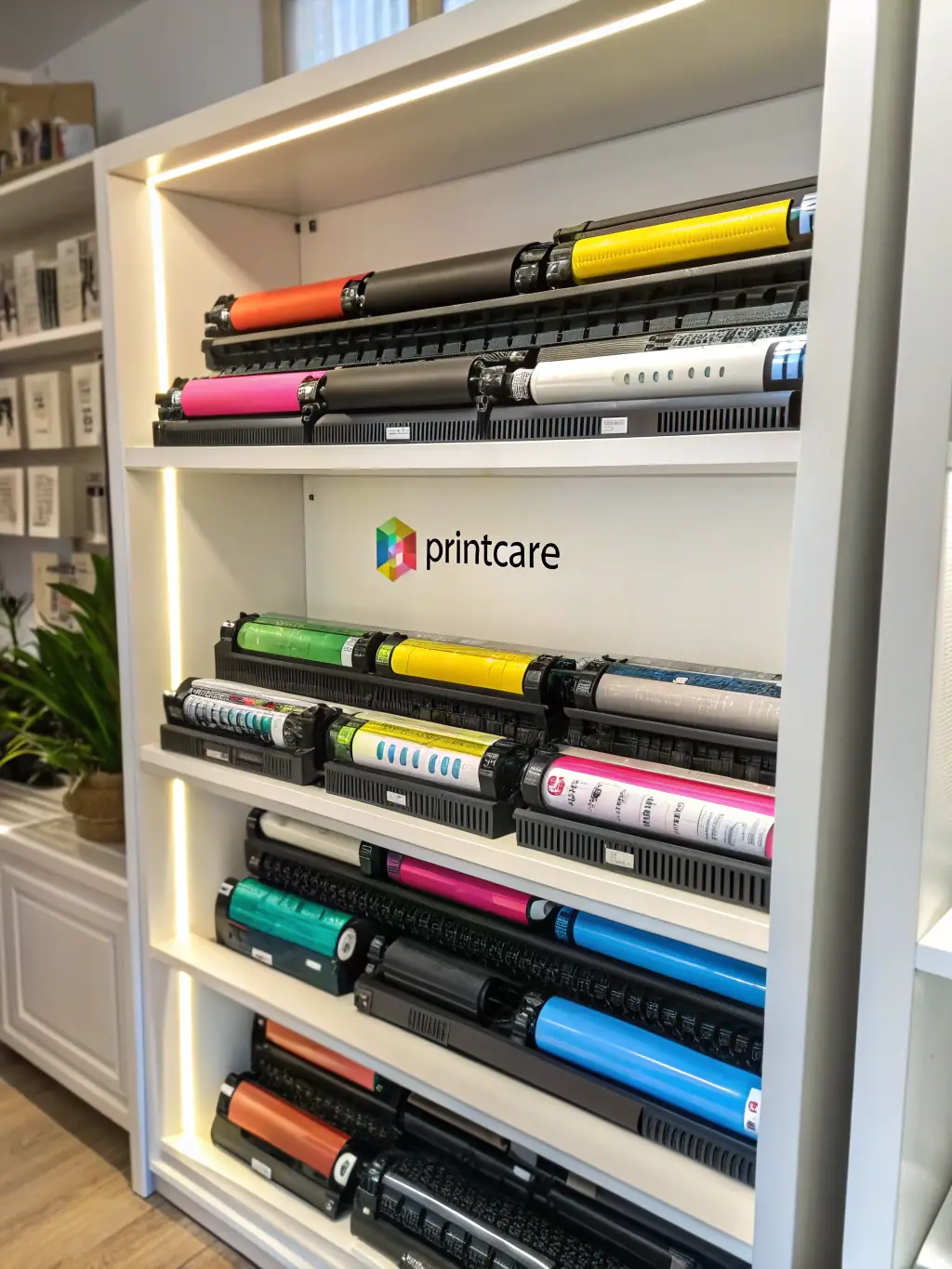 A neatly organized display of printers, ink cartridges, toner bottles, and stacks of paper in a well-stocked supply store, representing Sunrise Print Works' supplies and equipment service.